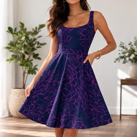 NWT GAP Floral Fit &Flare Dress In Navy Blue/ Fuchsia Purple Size 16 - Picture 2 of 12